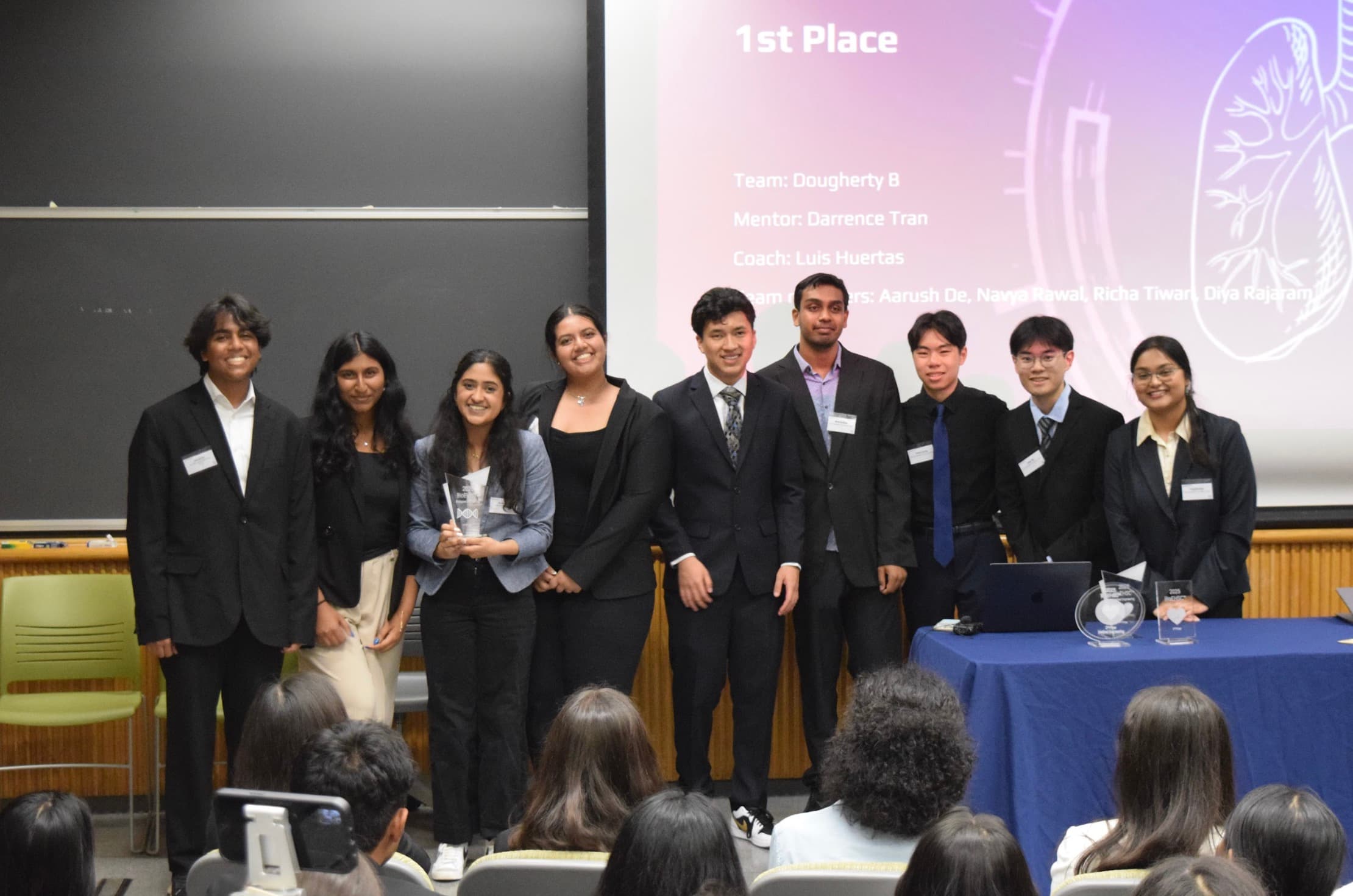 Team accepting the 1st place award on stage at the UC Berkeley Bioengineering Competition